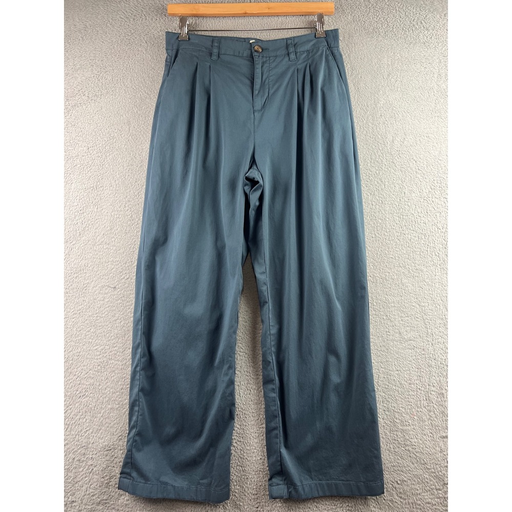 Pact Pleated Wide Leg Cinch Back Pants Slate Blue Teal High Rise Trousers L
